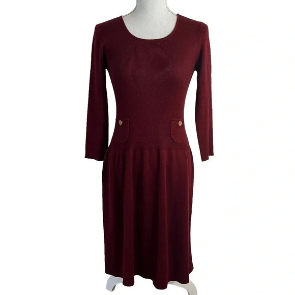 Anne Klein Wool Blend Dark Red Sweater Dress Small 3/4 Sleeves Pockets Buttons - Picture 1 of 7